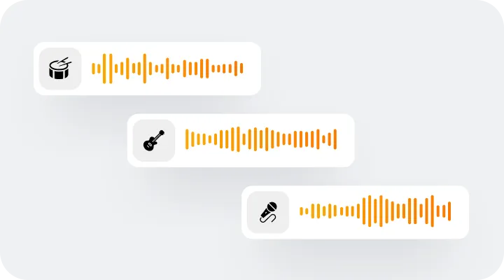 Three white rectangular audio waveforms with orange sound bars, each marked with icons of a drum, guitar, and microphone.