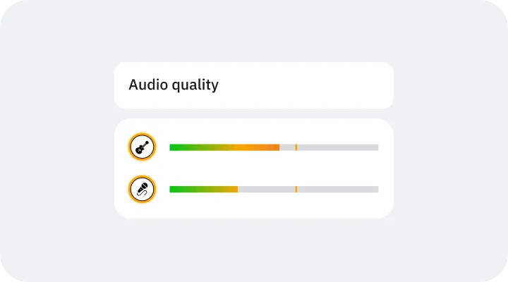 Audio quality interface with two horizontal bars showing guitar and microphone icons, partially filled with green, yellow, and orange colors.