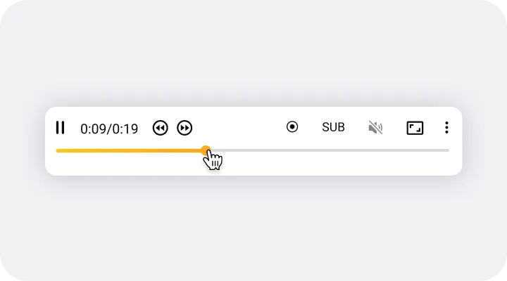 Video player control bar showing pause, rewind, fast forward, subtitle toggle, mute, fullscreen, and a progress bar with cursor at 9 seconds of a 19-second video.