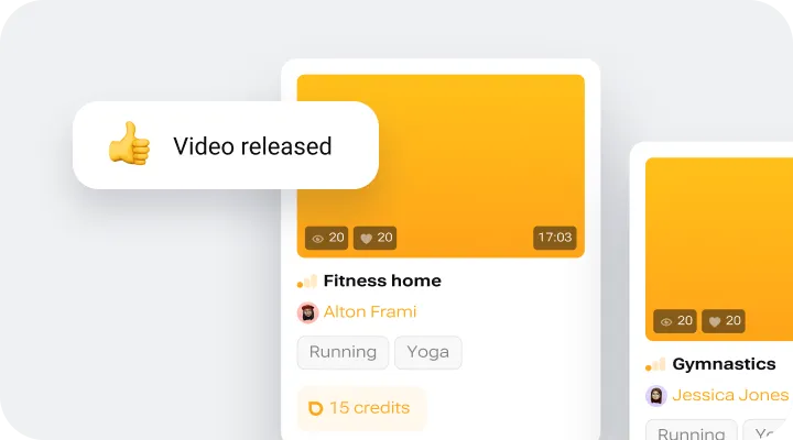 User interface with a video card titled 'Fitness home,' showing 20 views, 20 likes, 17:03 duration, tagged Running and Yoga, by Alton Frami, with 15 credits; a thumbs-up icon says 'Video released.'