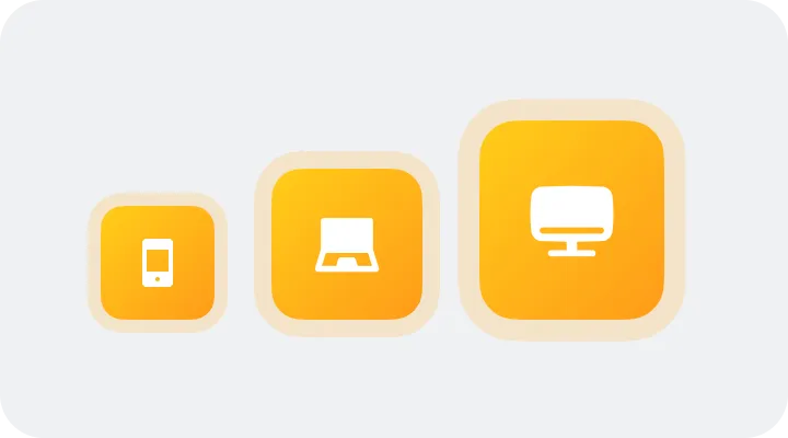 Three orange rounded square icons with white device symbols: a smartphone, a laptop, and a desktop monitor.