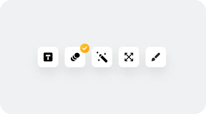 Row of five white square buttons with black icons representing from left to right: text tool, layers tool with an orange check mark, magic wand tool, expand arrows, and paintbrush tool.