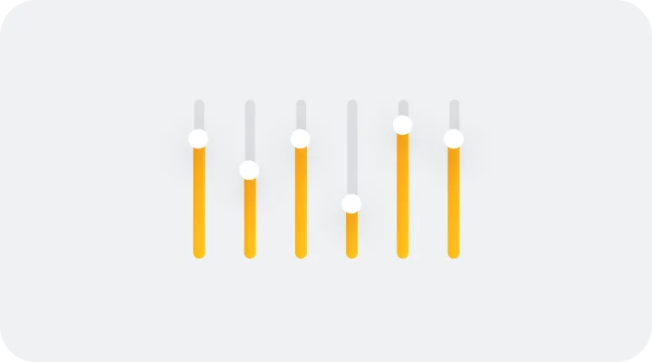 Six vertical orange and grey sliders with white knobs on a light grey background, resembling an audio or video control equalizer.