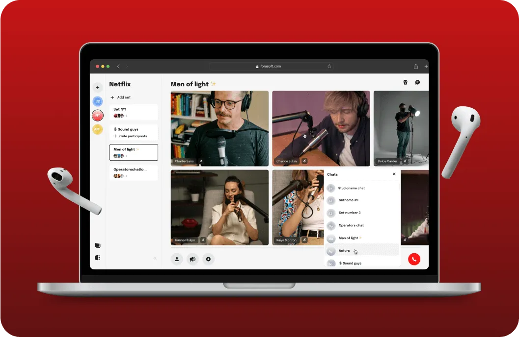 Laptop displaying a video call interface with six participants in a grid, chat window open, and wireless earbuds floating on either side on a red background.
