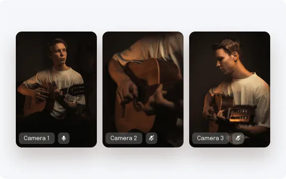 Three side-by-side video call screens showing a man in a white shirt playing an acoustic guitar in dim lighting.