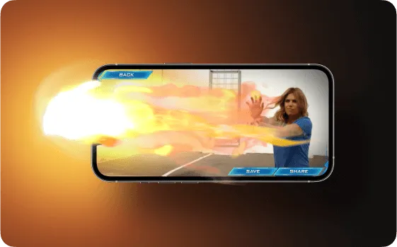 Smartphone screen showing a person using a fireball effect with options to save or share.