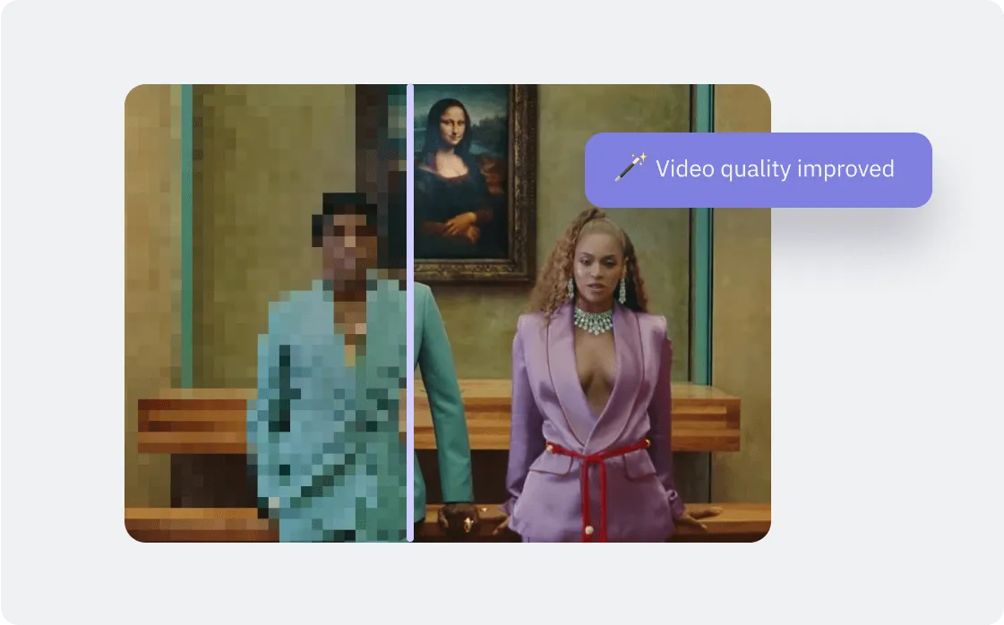 Split image showing a woman in a purple blazer and a man in a blue suit with the left half pixelated and the right half clear, illustrating video quality improvement.