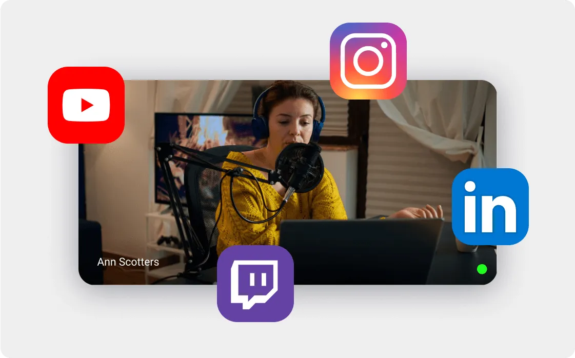 Woman in yellow sweater speaking into a microphone with headset on, surrounded by YouTube, Instagram, LinkedIn, and Twitch logos.