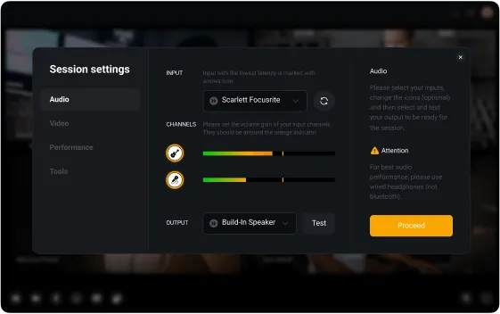 Audio session settings panel showing input device Scarlett Focusrite, channel volume levels, and output set to built-in speaker with a Proceed button.