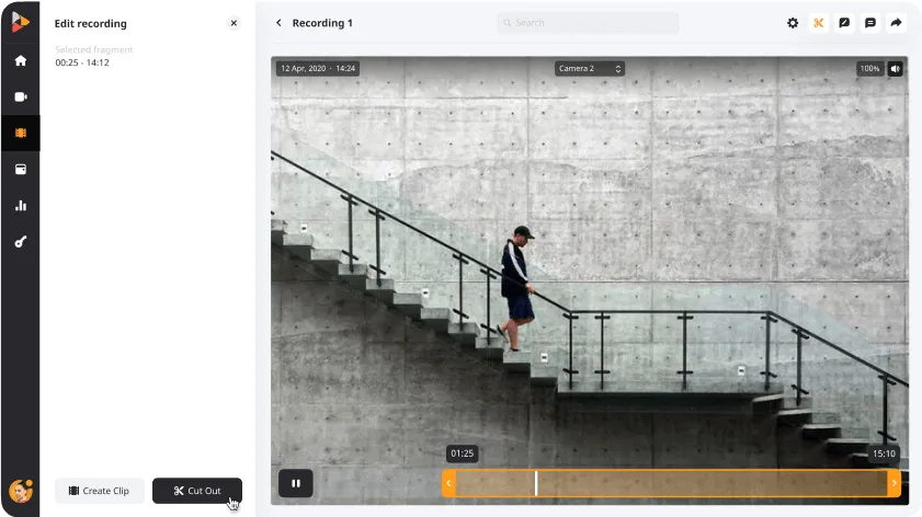 Screenshot of a video editing interface showing a person in casual clothes and a hat walking down concrete stairs with glass and metal railing.