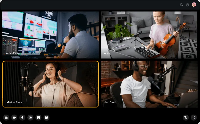 Four individuals in a virtual meeting: a man monitoring multiple screens, a woman holding a violin and keyboard, a woman singing into a microphone wearing headphones, and a man speaking into a microphone at a keyboard.