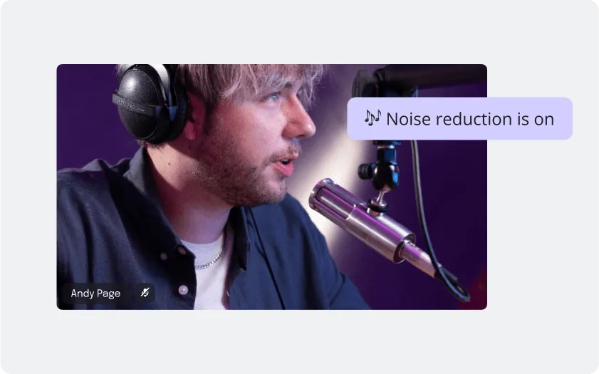 Man with headphones speaking into a microphone with a notification saying 'Noise reduction is on'.