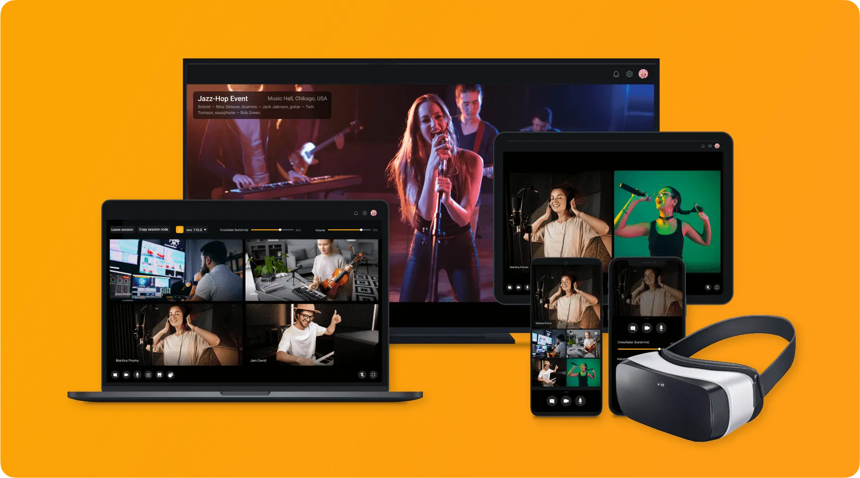 A laptop, TV, tablet, and smartphone displaying various video call and music collaboration screens with a VR headset nearby on an orange background.