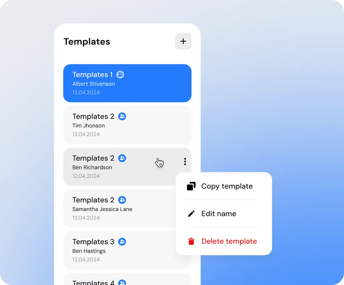 User interface showing a list of templates with names and dates; a menu is open with options to copy, edit, or delete a template.