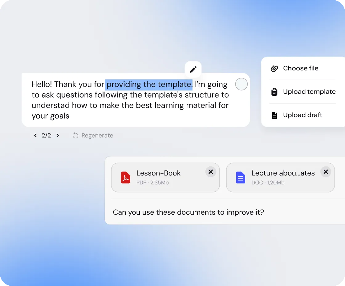 User interface showing a message about providing a template and uploading two files named Lesson-Book and Lecture, asking if these documents can be used to improve it