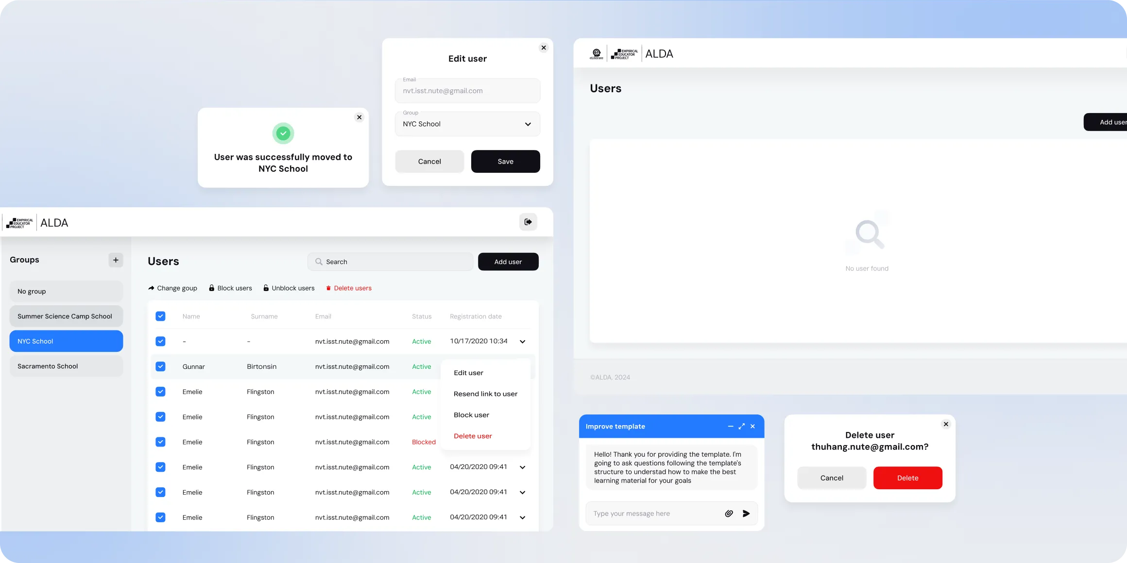 User management interface displaying groups and users lists, user edit and delete modals, a confirmation message for moving a user, and a chat box for improving templates.