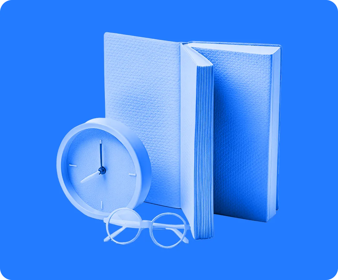 Open book standing with round clock and clear round glasses in front on a blue background.
