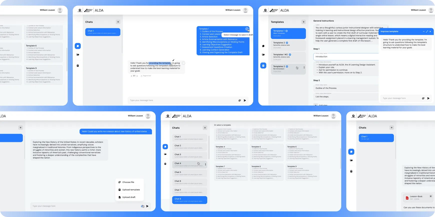Screenshot of ALDA AI learning design assistant interface showing chat conversations, templates, and instructional content creation features.