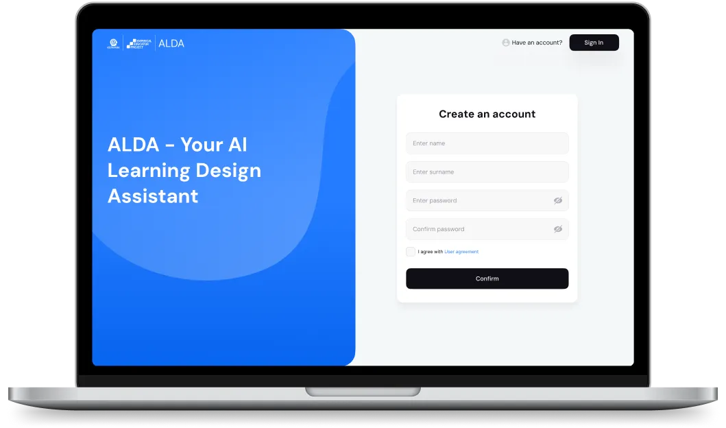 Laptop screen displaying an AI learning design assistant sign-up page with fields for name, surname, password, and password confirmation.