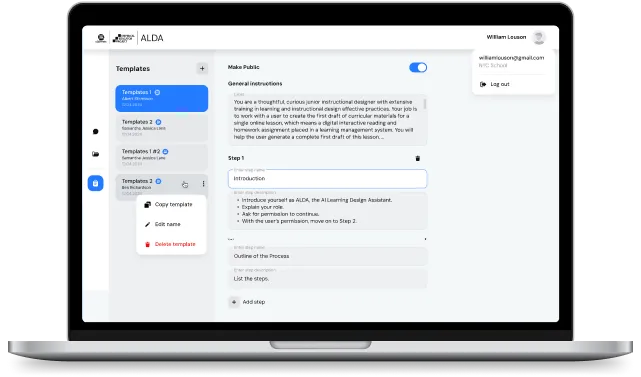 Laptop screen displaying ALDA app with a template editor for creating instructional design content, showing options to copy, edit, or delete a template.