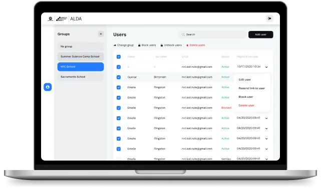 Laptop screen displaying ALDA user management interface with groups listed on the left and user details on the right, including options to change group, block or unblock users, and delete users.