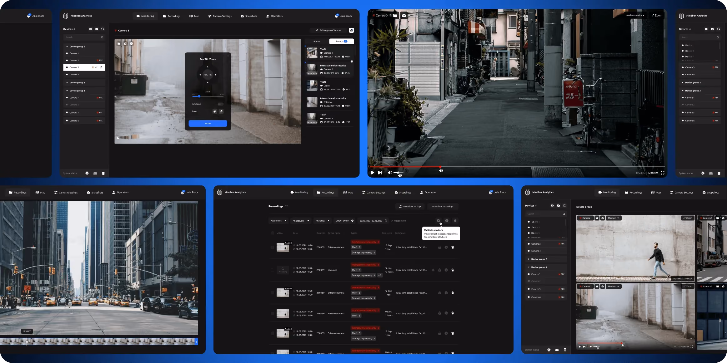 User interface showing multiple live feeds and recordings from surveillance cameras monitoring urban streets and alleys.