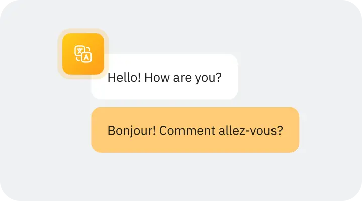 Chat bubbles showing a conversation with 'Hello! How are you?' in English and its French translation 'Bonjour! Comment allez-vous?'