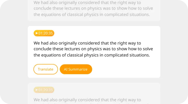 Text box showing a lecture excerpt about solving classical physics equations with buttons labeled Translate and AI Summarize in orange and white.