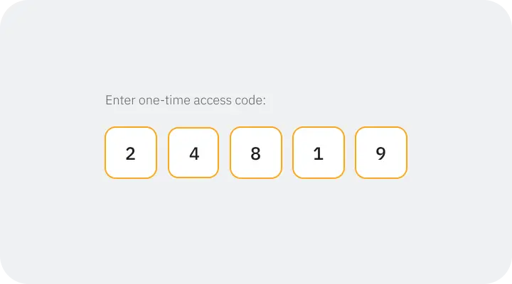 Input fields displaying a one-time access code: 2 4 8 1 9 on a light gray background.