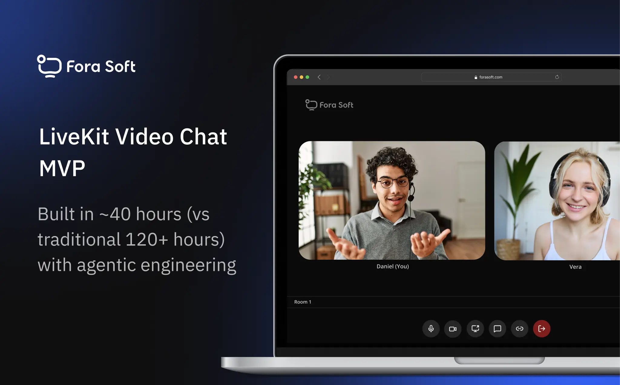 Laptop screen showing video call UI with Fora Soft logo