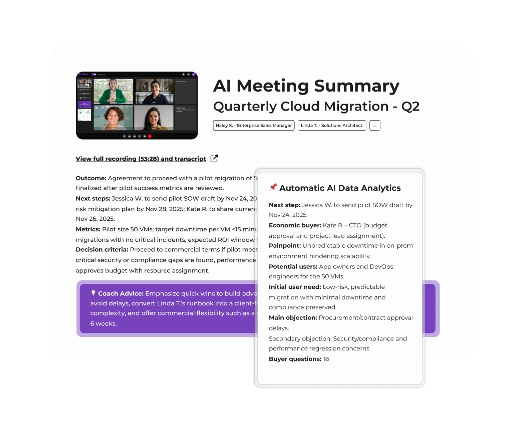AI meeting summary slide showing quarterly cloud migration Q2 with participant names, meeting transcript excerpt, coach advice, and automatic AI data analytics details.