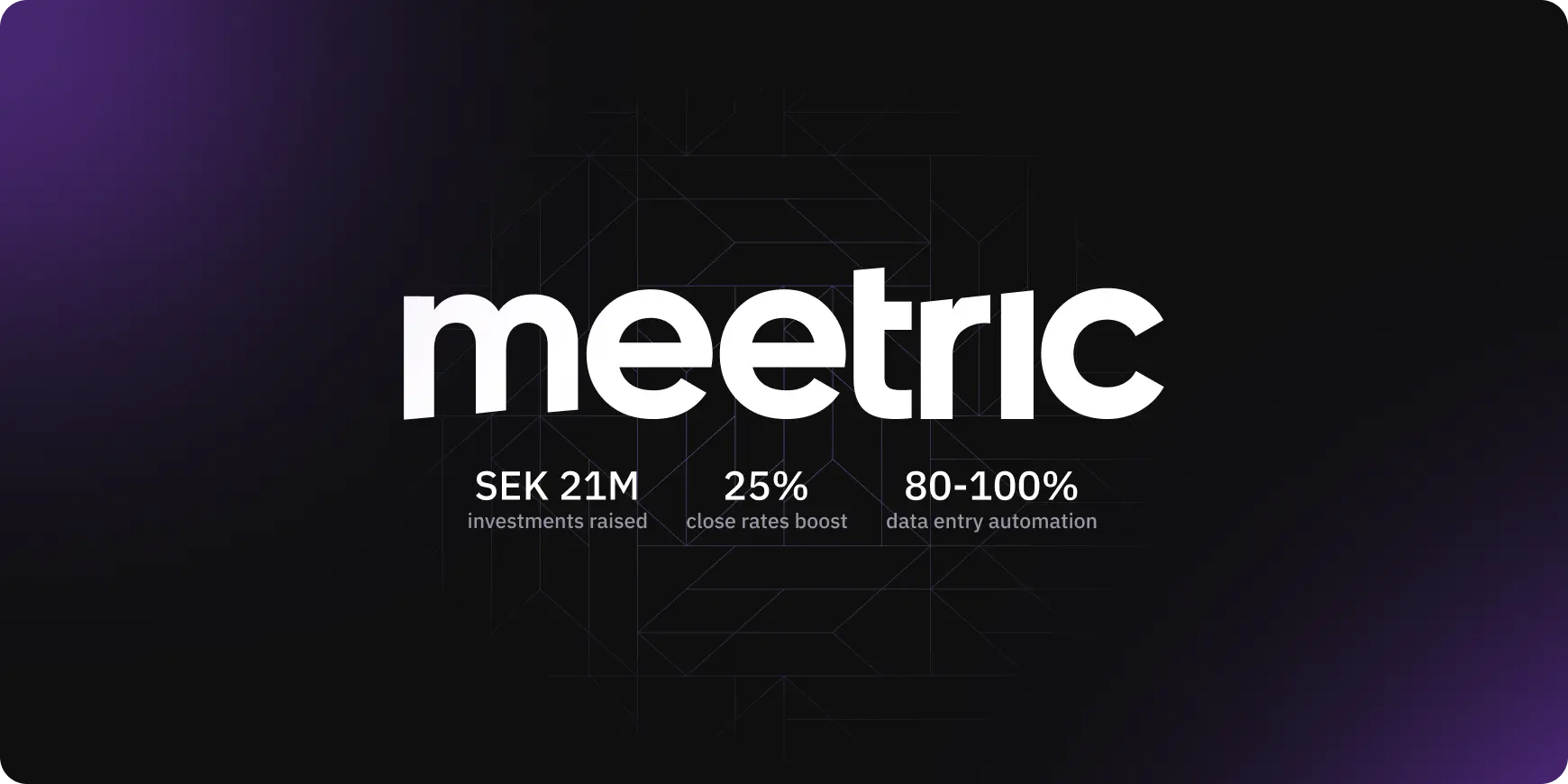 Meetric logo with key metrics: SEK 21M investments raised, 25% close rates boost, and 80-100% data entry automation.