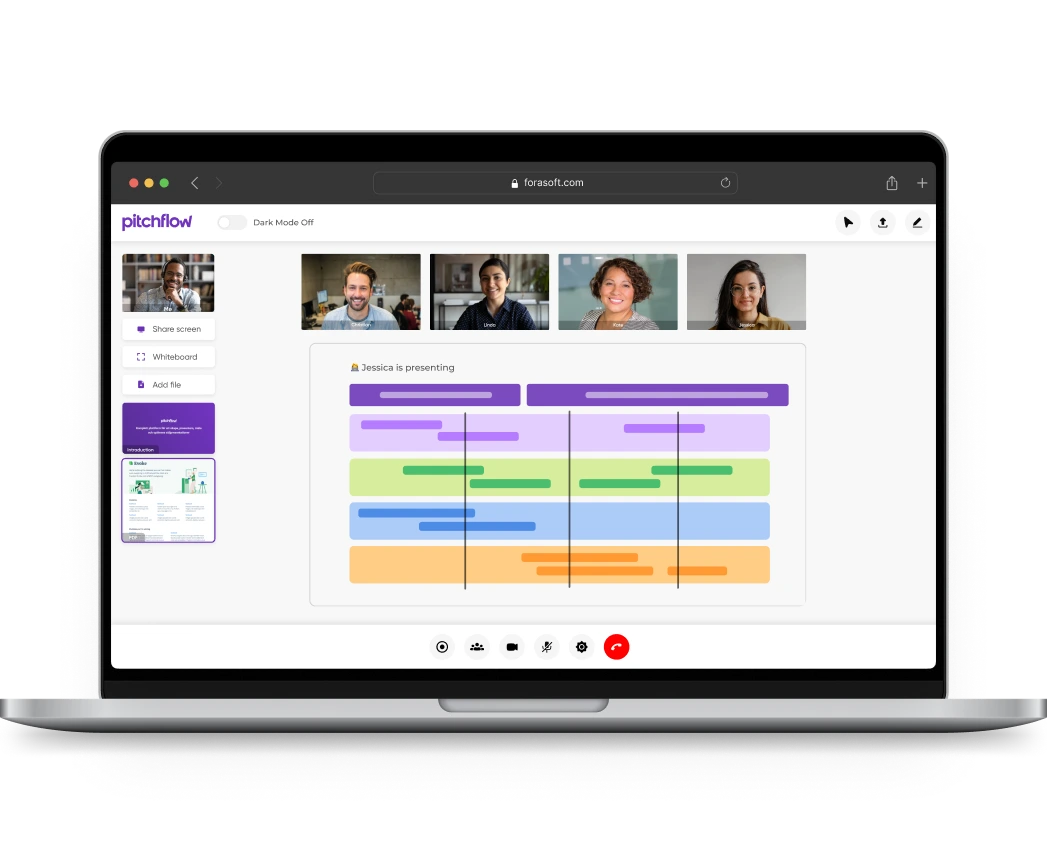 Laptop screen showing a video conference with five participants and a shared presentation slide with color-coded bars titled 'Jessica is presenting'.