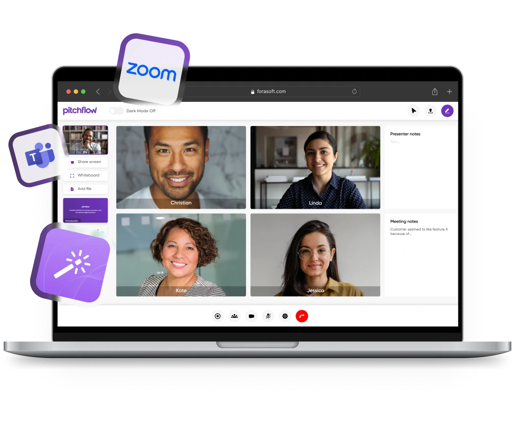 Laptop screen showing a video call with four participants named Christian, Linda, Kate, and Jessica, alongside presenter and meeting notes sections.