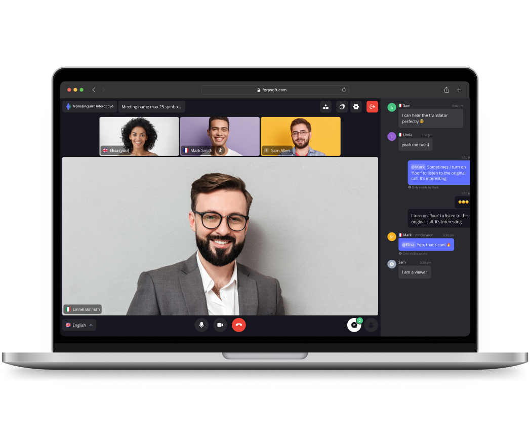 Laptop screen showing a video conference with four participants and a chat sidebar with messages.