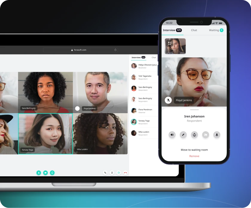 VocalViews video interview interface — WebRTC-powered focus groups with recording and screen sharing
