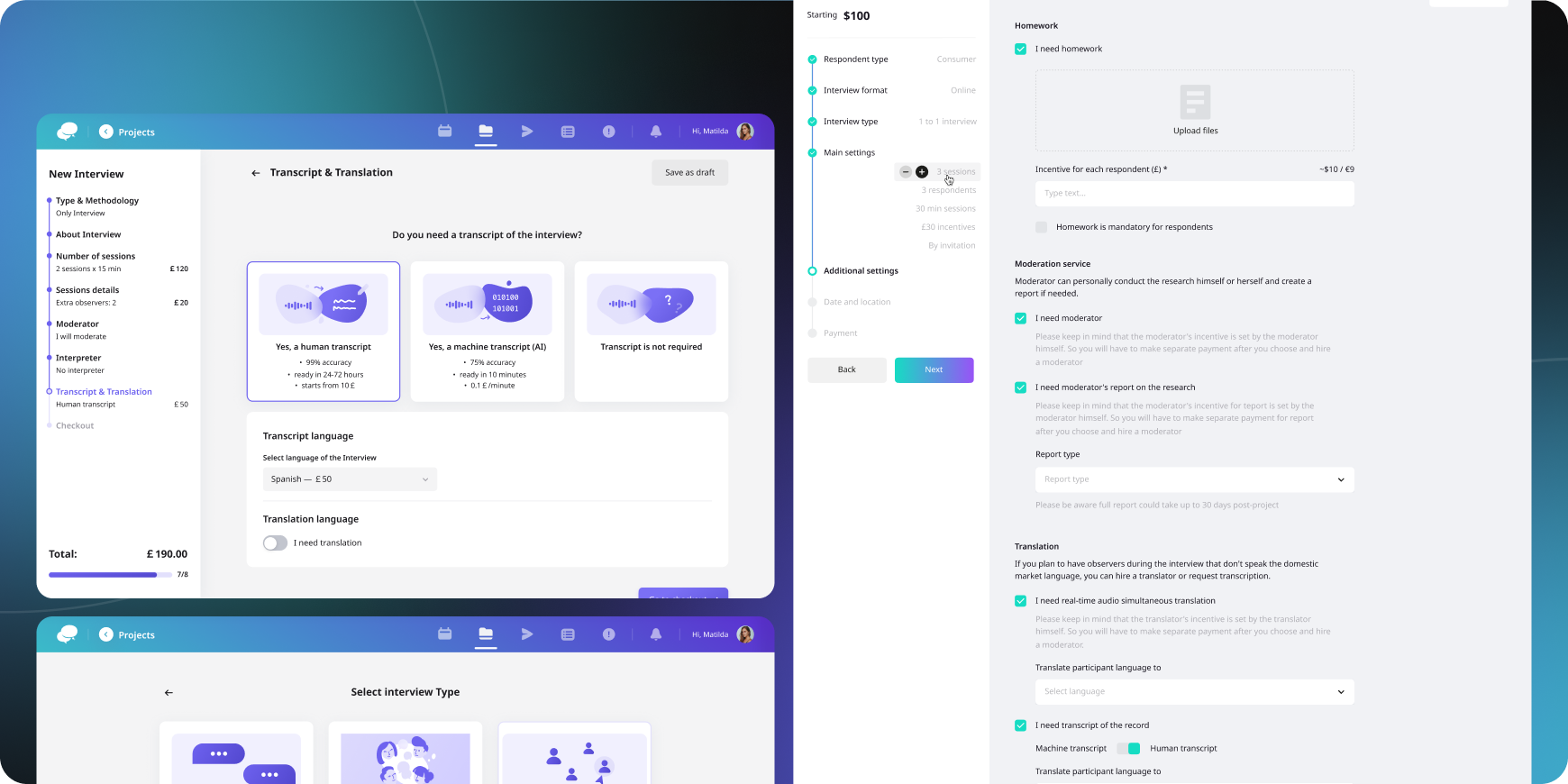 User interface screens for creating an interview project with options for transcript types, interview types, and additional settings like homework, moderation, and translation services.
