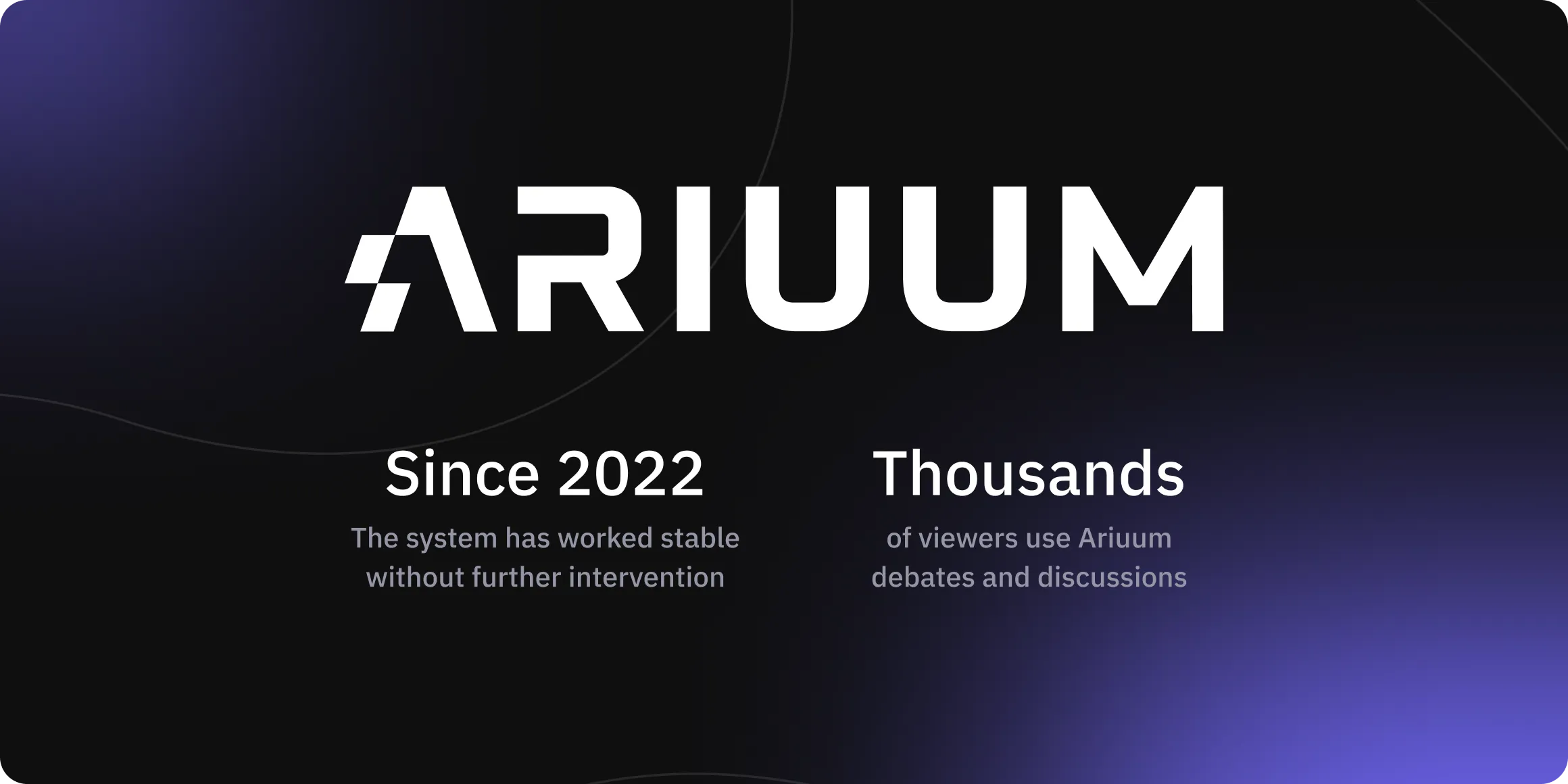 Ariuum logo with text stating system stability since 2022 and thousands of viewers using Ariuum for debates and discussions.