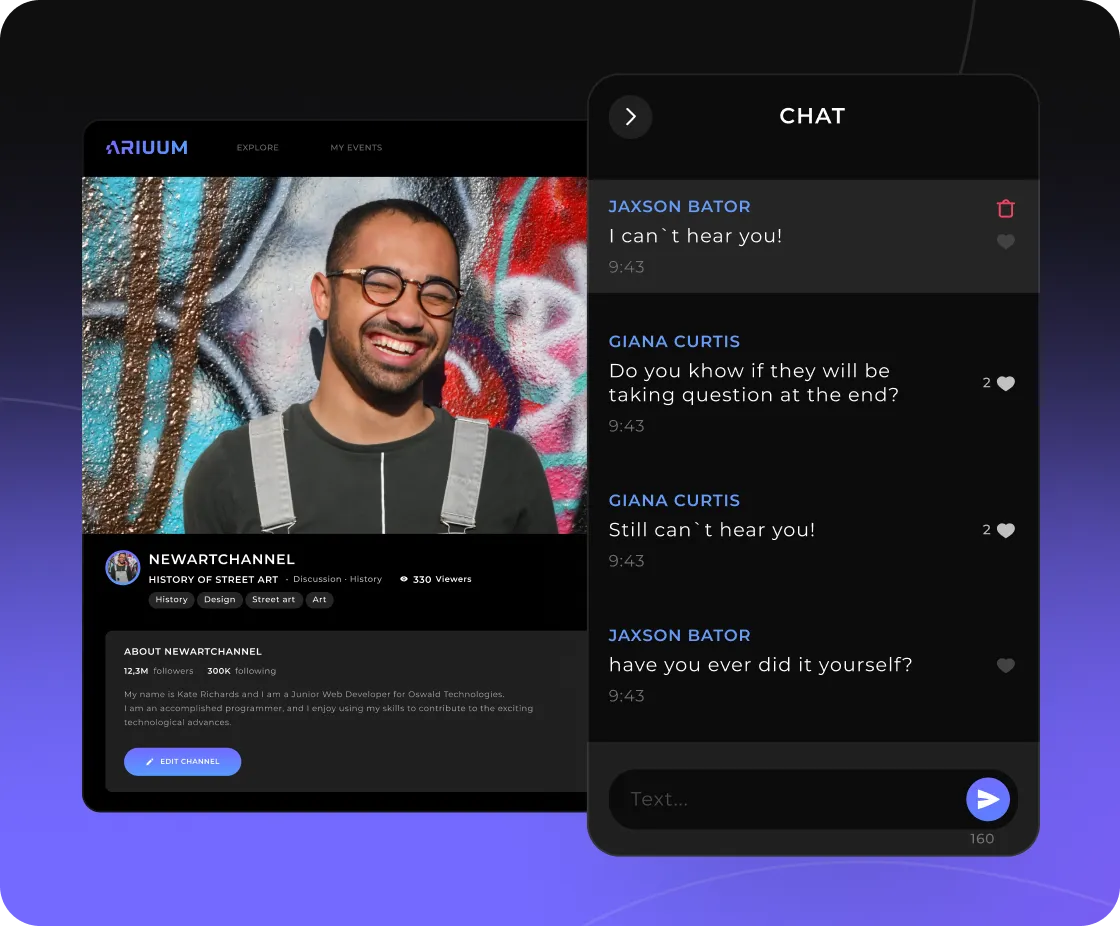 Ariuum live video debate interface showing two debaters on screen with real-time audience voting bar, timed rounds, and live chat panel