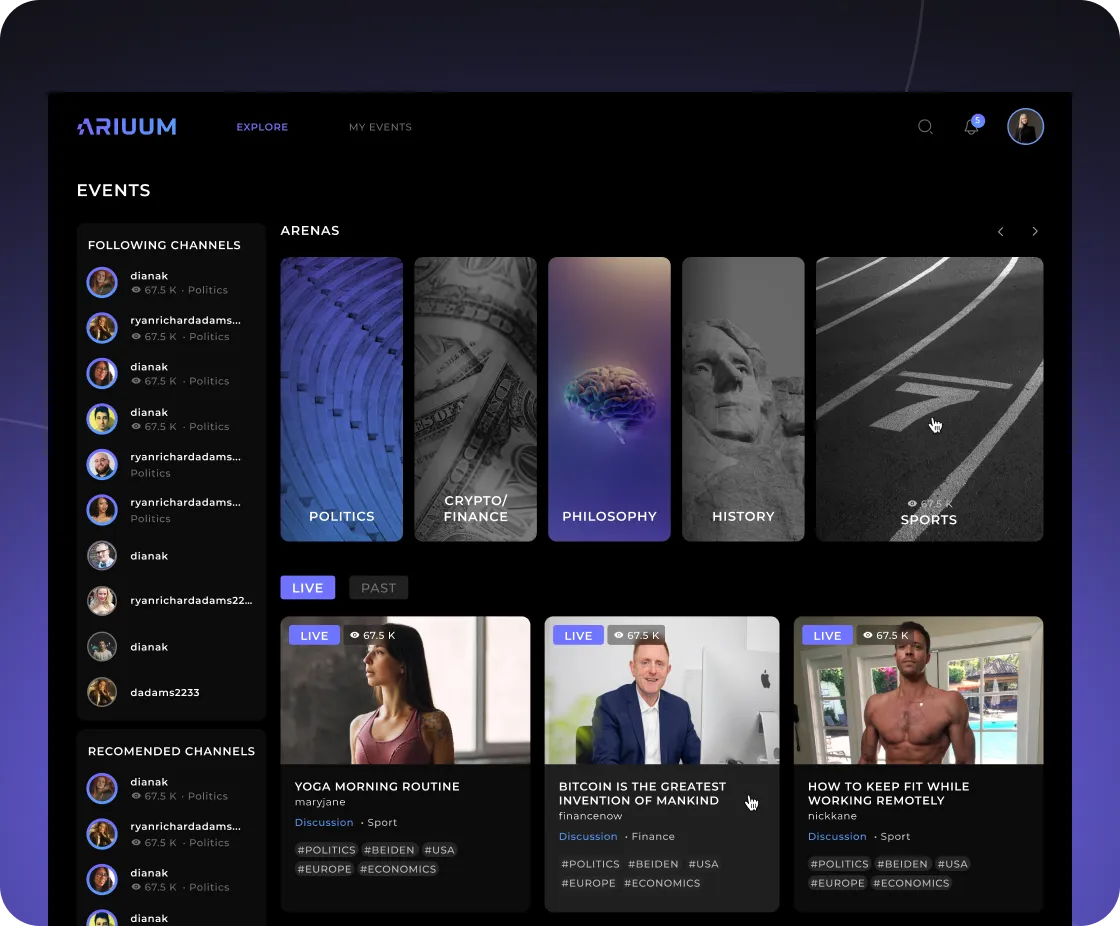 Ariuum admin panel with debate moderation dashboard, user management, and content control tools