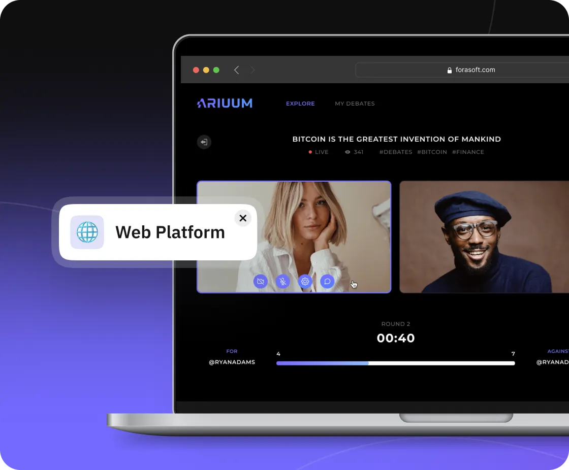 Ariuum debate analytics dashboard showing viewer engagement metrics and debate performance statistics