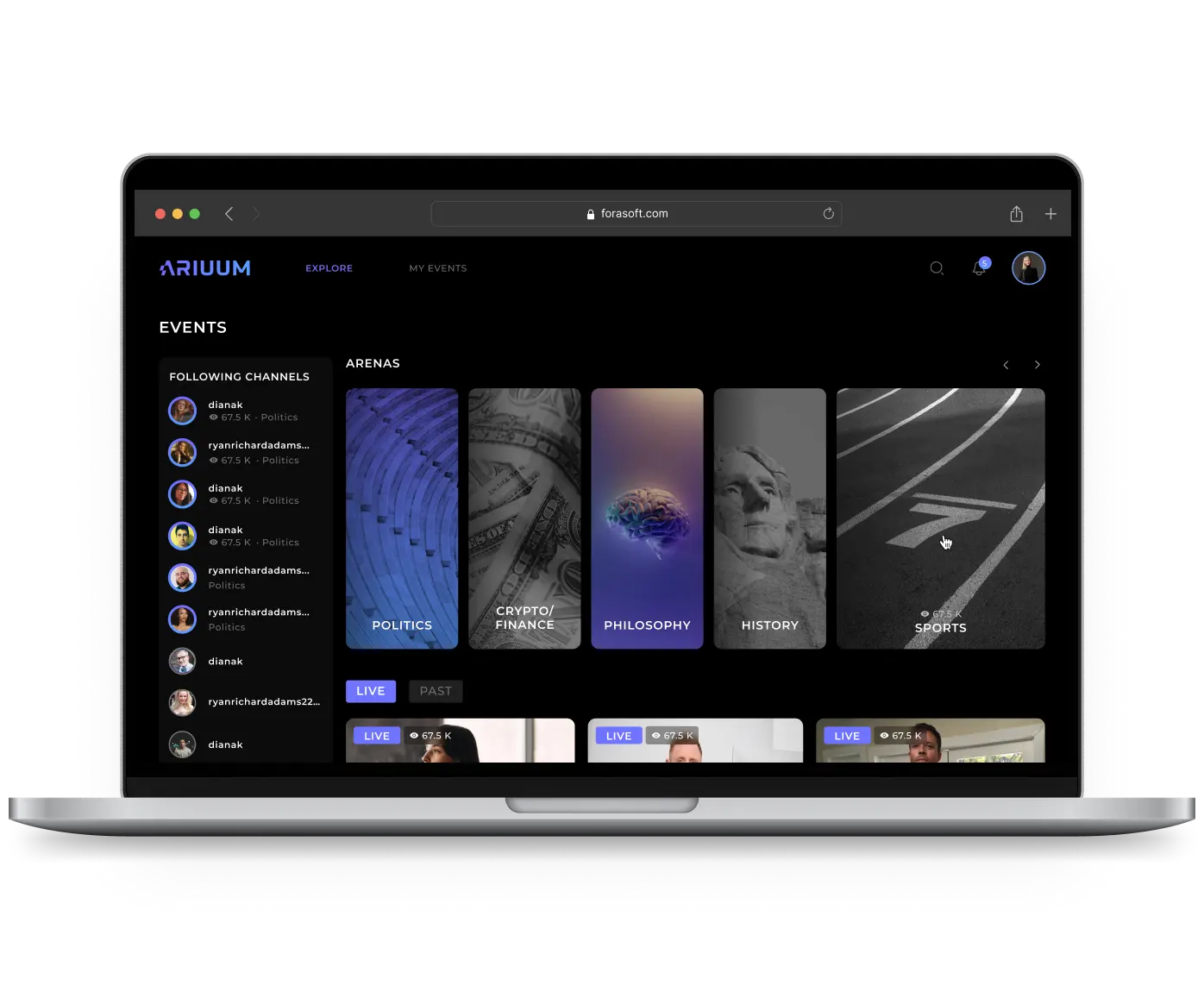 Laptop screen showing Ariuum events platform with categories Politics, Crypto/Finance, Philosophy, History, and Sports, and a sidebar listing followed channels.