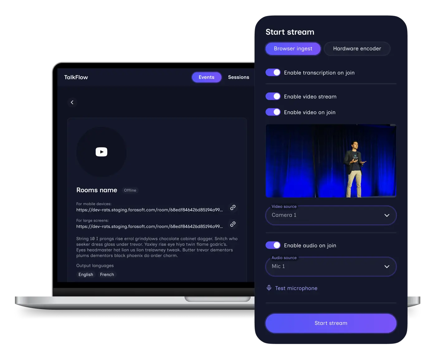 VOLO.live event room creation flow — admin panel for setting up conference translation sessions