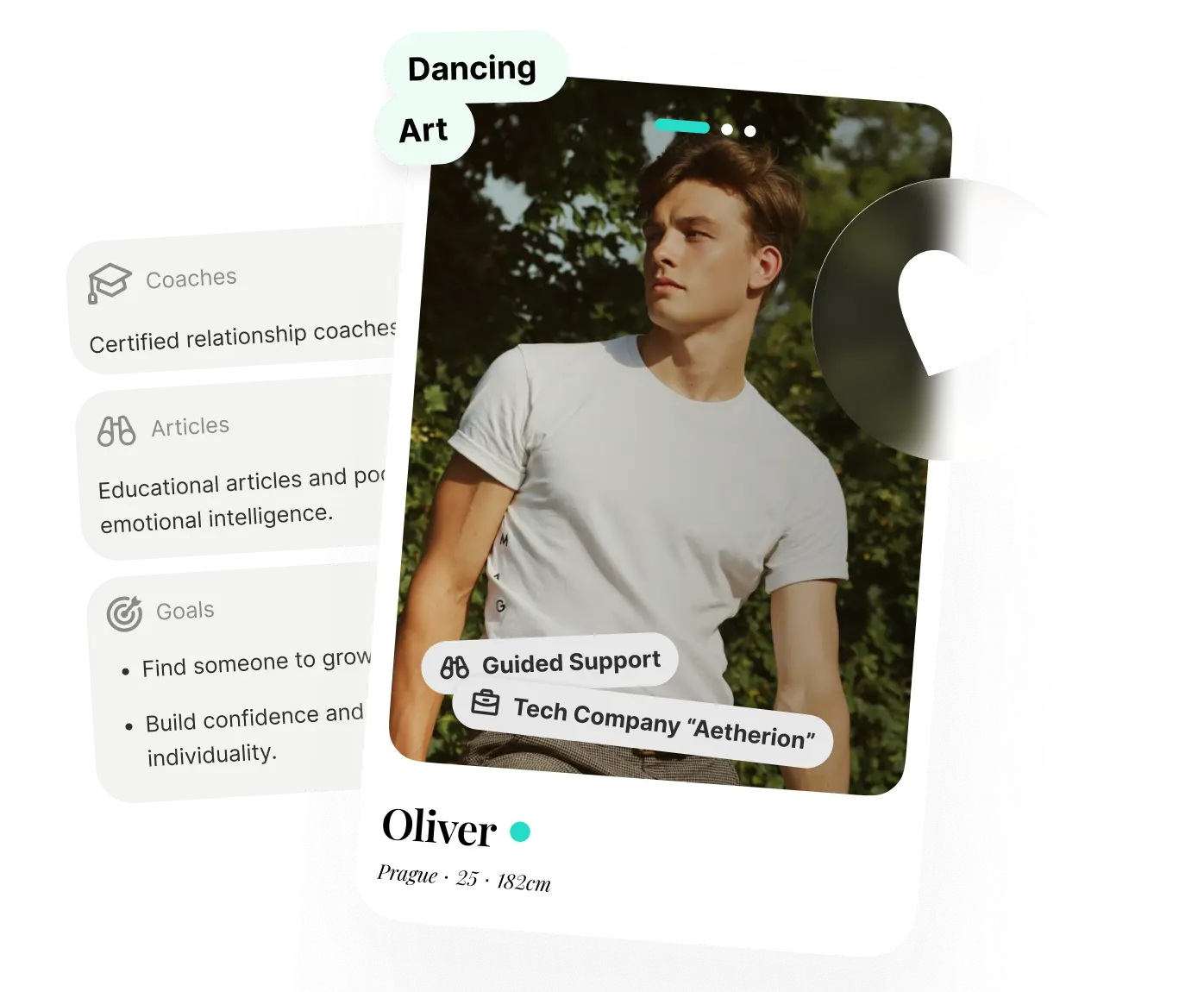 Mindwibe dating app interface showing user profile with smart tags and personalized matching recommendations