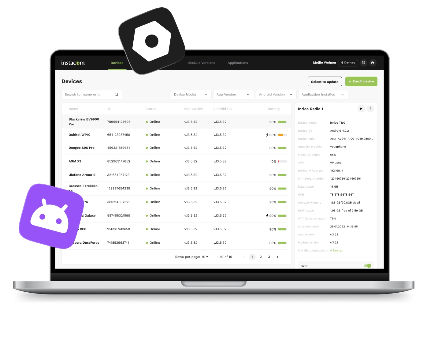 Laptop screen showing a video call with four participants named Christian, Linda, Kate, and Jessica, alongside presenter and meeting notes sections.