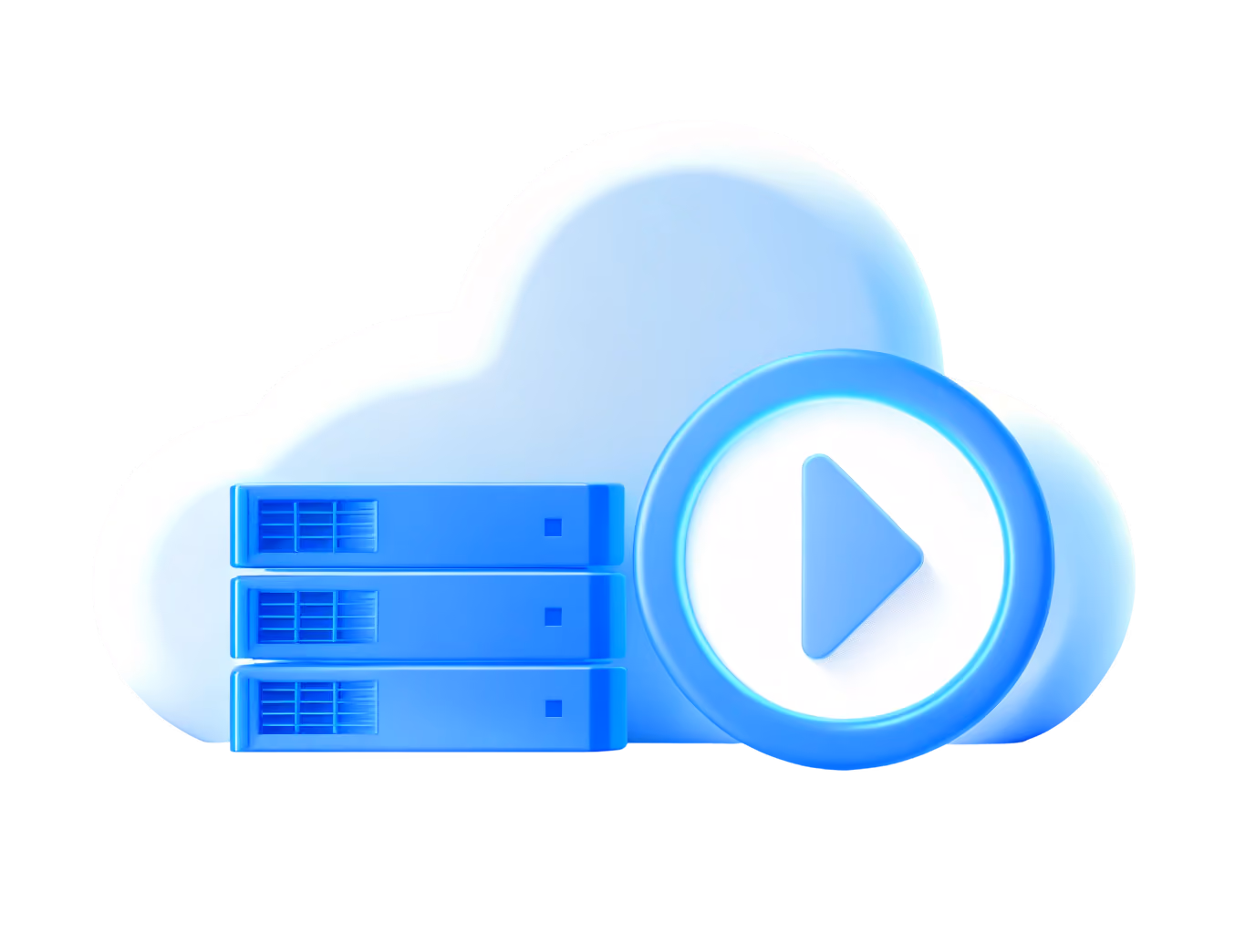 Illustration of a large cloud icon behind three stacked blue server units and a blue circular play button.