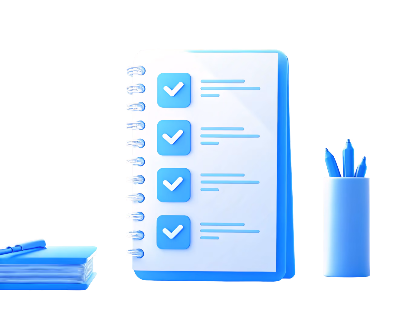 3D illustration of a spiral notebook with four blue checkboxes and lines representing text, accompanied by a blue pen on a closed notebook to the left and a blue pencil holder with pencils to the right, all on a white background.