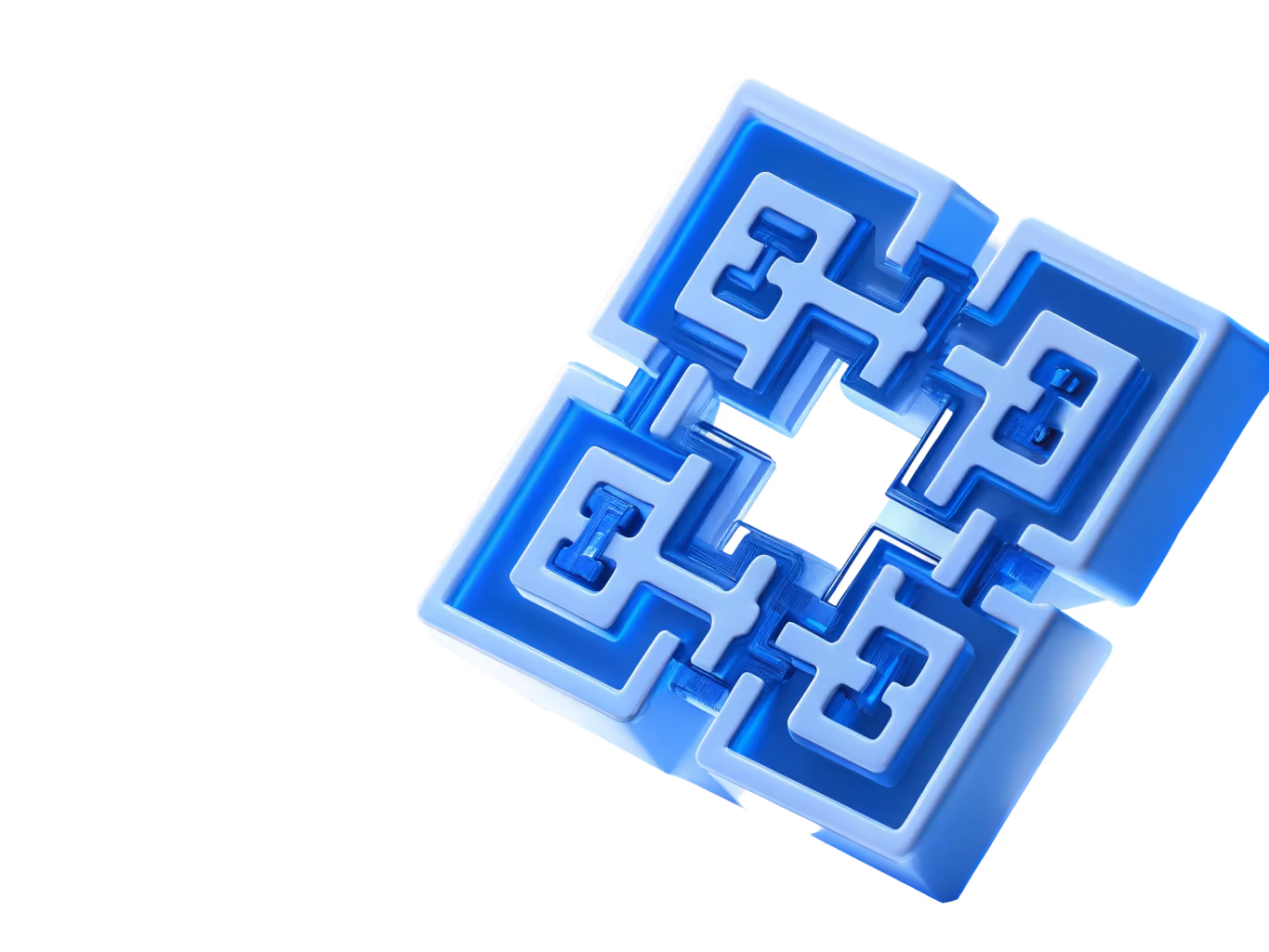 Three-dimensional blue geometric shape composed of four interconnected square segments with inward maze-like patterns.
