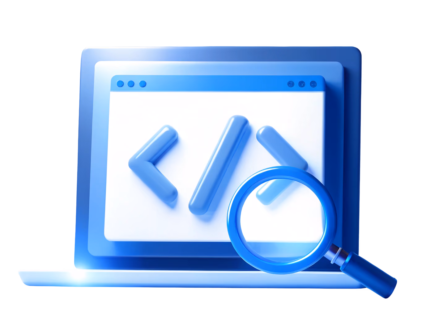 Illustration of a laptop screen displaying a coding window with blue HTML-like code symbols and a large blue magnifying glass in front, representing code review or software debugging.