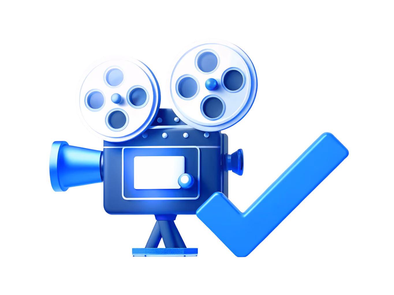 Blue vintage film camera with two large reels and a blue checkmark symbol beside it.